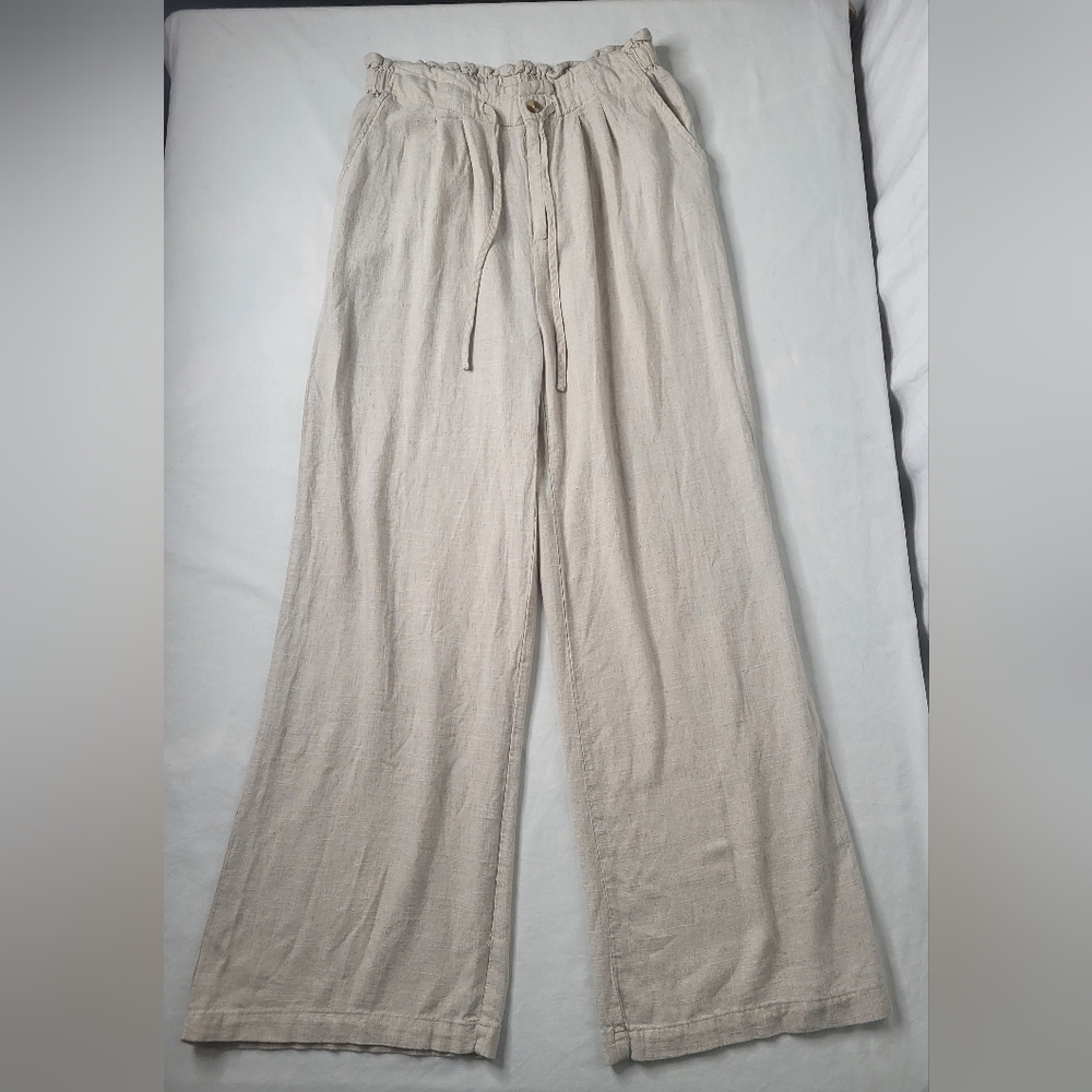 Thread + Supply High Rise Natural Wheat Wide Leg Linen Blend Pants Large - Picture 7 of 12